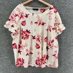 Lane Bryant Blouse Women 24 Plus Beige Floral Short Sleeve Round Neck Casual